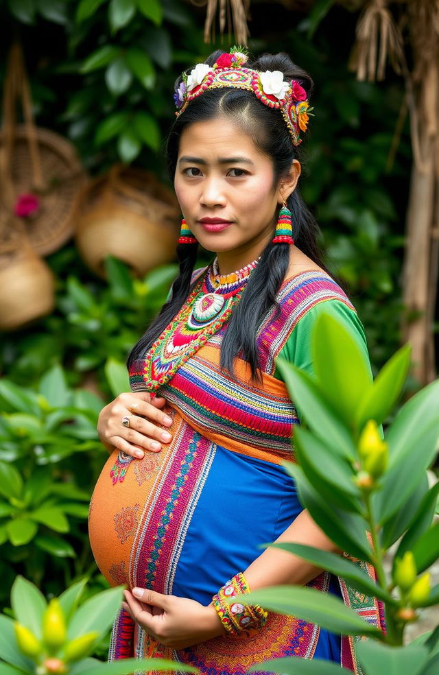 A pregnant woman from the Blaan tribe in the Philippines, dressed in vibrant traditional attire, adorned with intricate beadwork and colorful fabrics that showcase the unique cultural heritage of the Maranao tribe