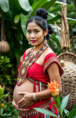 A pregnant woman from the Blaan tribe in the Philippines, dressed in vibrant traditional attire, adorned with intricate beadwork and colorful fabrics that showcase the unique cultural heritage of the Maranao tribe