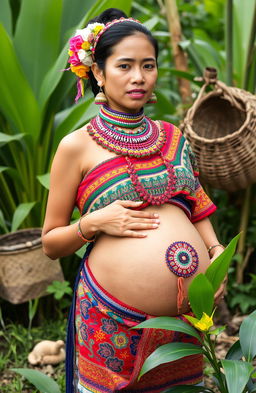 A pregnant woman from the Blaan tribe in the Philippines, dressed in vibrant traditional attire, adorned with intricate beadwork and colorful fabrics that showcase the unique cultural heritage of the Maranao tribe