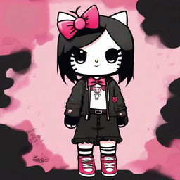 A high-quality digital art image portrays Hello Kitty reimagined in an emo style