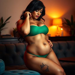 A sensual and suggestive scene featuring a curvaceous figure celebrating body positivity, with emphasis on bold lines and vibrant colors