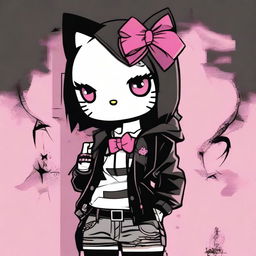 A high-quality digital art image portrays Hello Kitty reimagined in an emo style