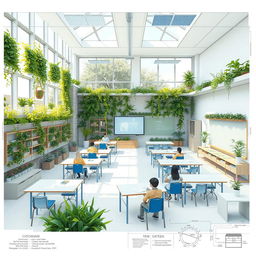 An architectural blueprint of a sustainable and inclusive classroom, featuring large windows for natural light, green walls covered in plants, furniture made from recycled materials, ample space for wheelchair accessibility, an interactive smart board, eco-friendly lighting, and areas for both collaborative and individual work