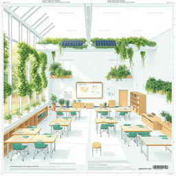 An architectural blueprint of a sustainable and inclusive classroom, featuring large windows for natural light, green walls covered in plants, furniture made from recycled materials, ample space for wheelchair accessibility, an interactive smart board, eco-friendly lighting, and areas for both collaborative and individual work