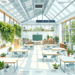 An architectural blueprint of a sustainable and inclusive classroom, featuring large windows for natural light, green walls covered in plants, furniture made from recycled materials, ample space for wheelchair accessibility, an interactive smart board, eco-friendly lighting, and areas for both collaborative and individual work