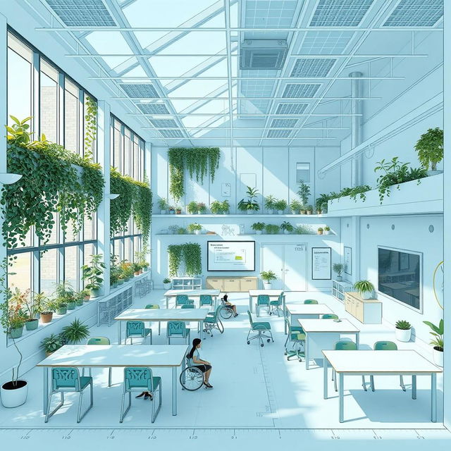 An architectural blueprint of a sustainable and inclusive classroom, featuring large windows for natural light, green walls covered in plants, furniture made from recycled materials, ample space for wheelchair accessibility, an interactive smart board, eco-friendly lighting, and areas for both collaborative and individual work