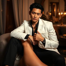 A fashionable photoshoot for a magazine featuring a male model, posing intimately with an artistic flair