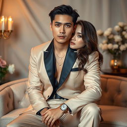 A fashionable photoshoot for a magazine featuring a male model, posing intimately with an artistic flair