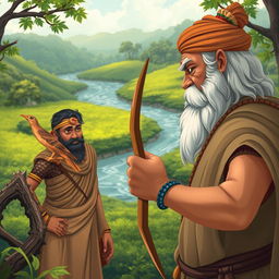 A captivating illustration of the wooden bird eye test conducted by Guru Dronacharya