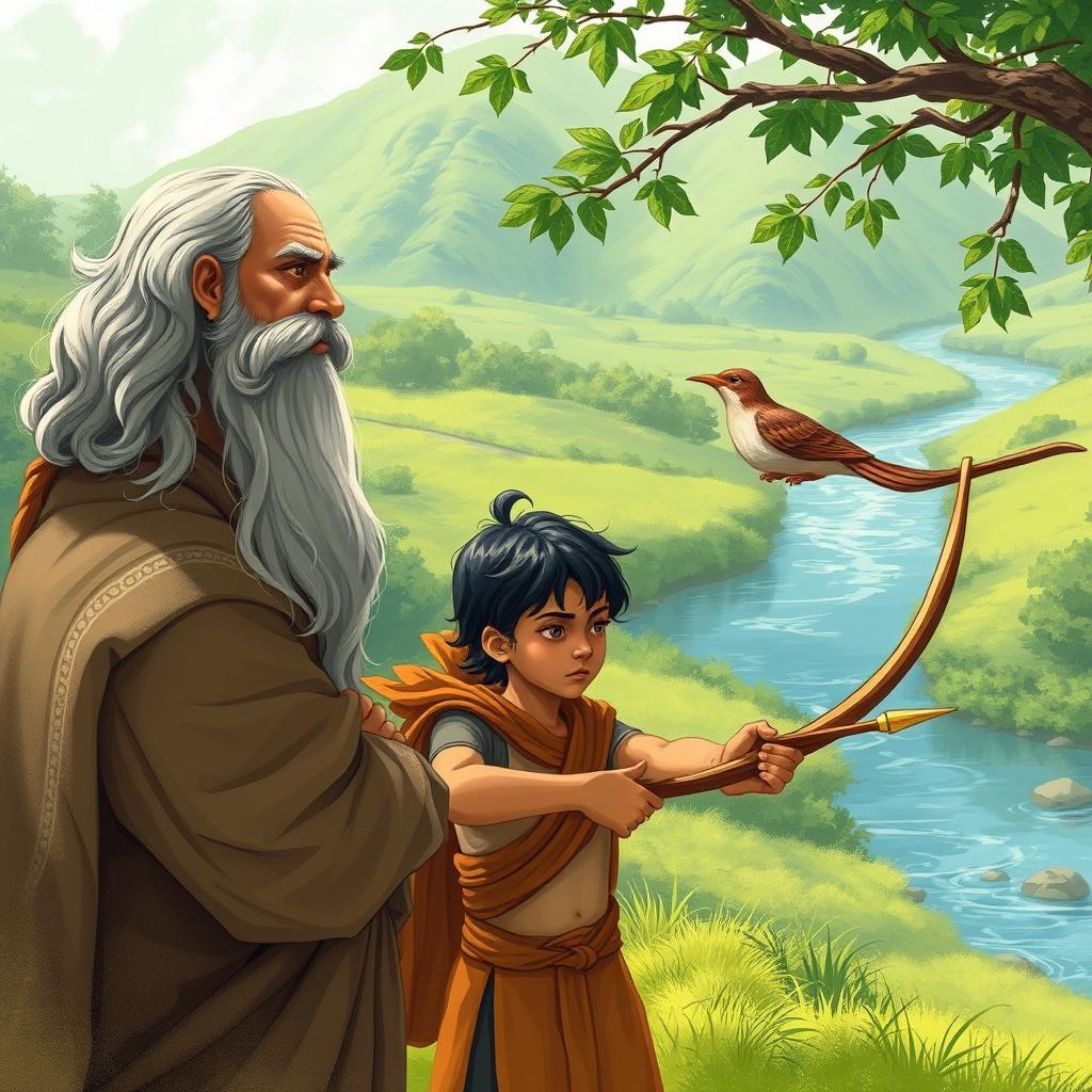 A captivating illustration of the wooden bird eye test conducted by Guru Dronacharya