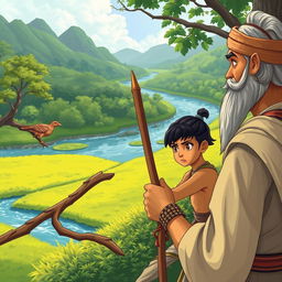 A captivating illustration of the wooden bird eye test conducted by Guru Dronacharya
