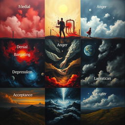 A visually striking representation of the five stages of grief: denial, anger, bargaining, depression, and acceptance