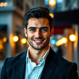 A handsome man with strong facial features, a well-defined jawline, and a captivating smile