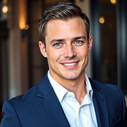 A handsome man with strong facial features, a well-defined jawline, and a captivating smile