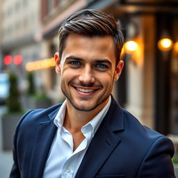 A handsome man with strong facial features, a well-defined jawline, and a captivating smile
