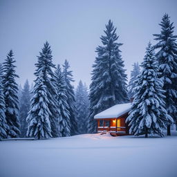 A serene winter landscape featuring a cozy cabin nestled among tall pine trees, all covered in a thick blanket of fresh snow