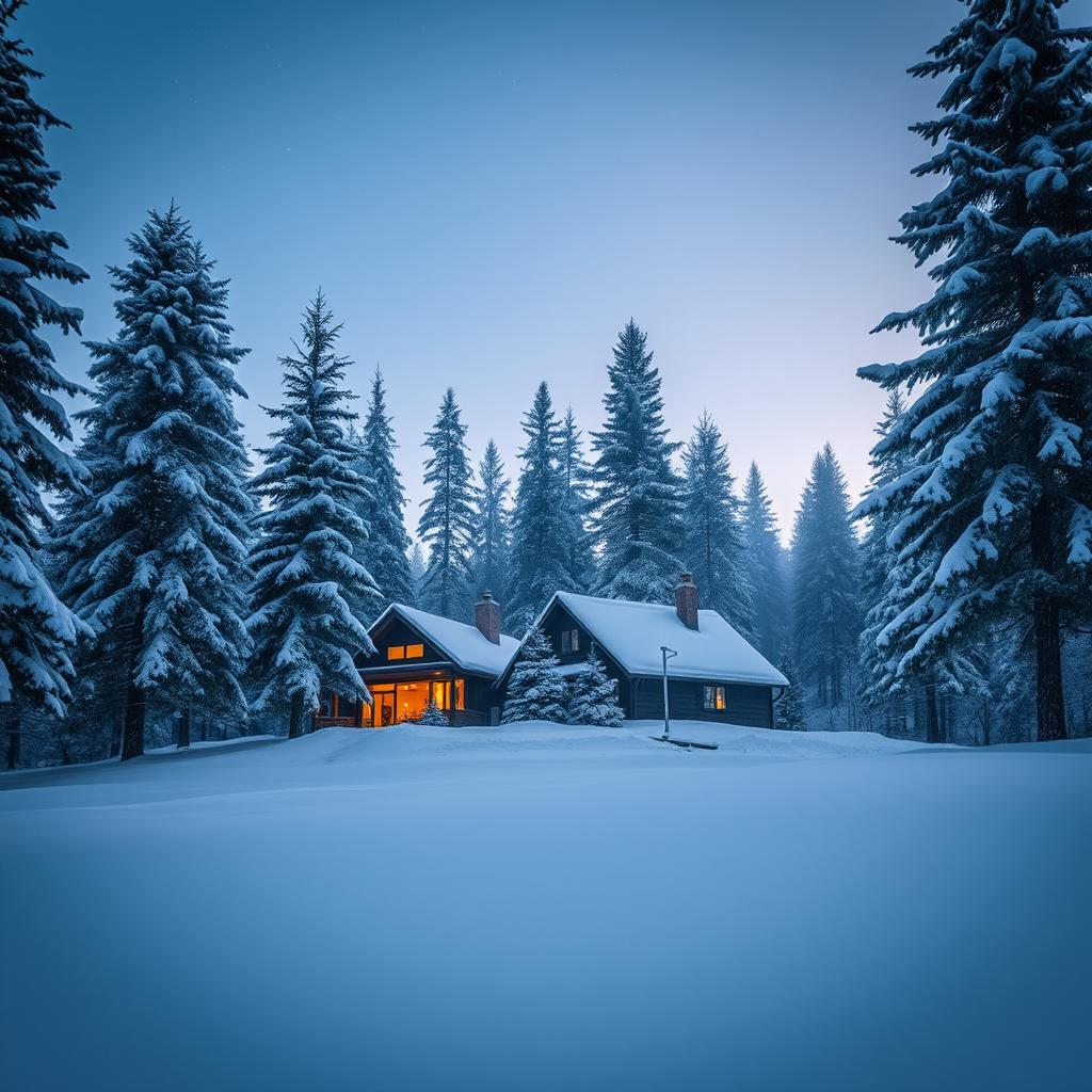 A serene winter landscape featuring a cozy cabin nestled among tall pine trees, all covered in a thick blanket of fresh snow