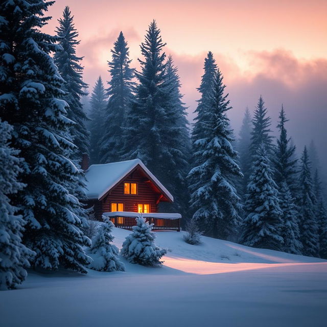 A serene winter landscape featuring a cozy cabin nestled among tall pine trees, all covered in a thick blanket of fresh snow