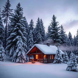 A serene winter landscape featuring a cozy cabin nestled among tall pine trees, all covered in a thick blanket of fresh snow