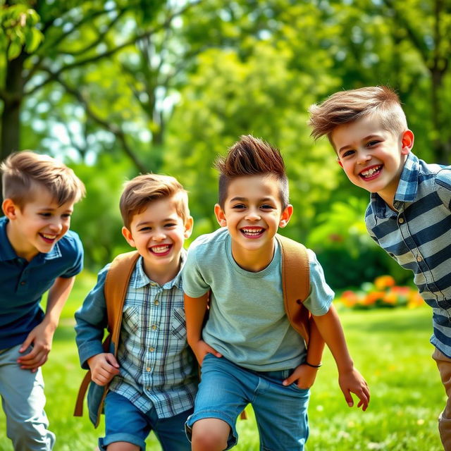 A portrait of a group of charming young boys, with stylish haircuts and bright smiles, wearing casual modern clothing