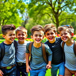 A portrait of a group of charming young boys, with stylish haircuts and bright smiles, wearing casual modern clothing