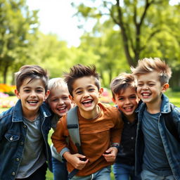 A portrait of a group of charming young boys, with stylish haircuts and bright smiles, wearing casual modern clothing