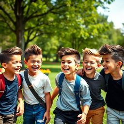 A portrait of a group of charming young boys, with stylish haircuts and bright smiles, wearing casual modern clothing