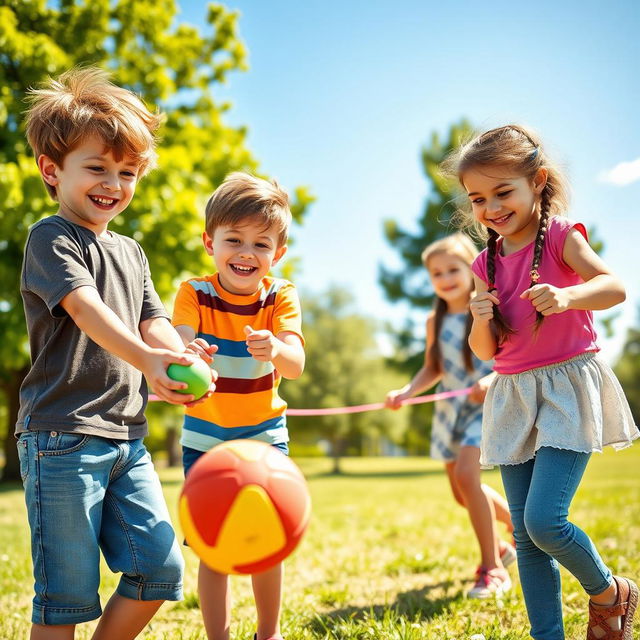 A charming group of four handsome children having fun in a sunny park, laughing and playing together