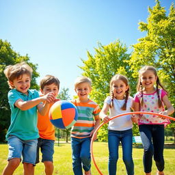 A charming group of four handsome children having fun in a sunny park, laughing and playing together