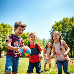A charming group of four handsome children having fun in a sunny park, laughing and playing together