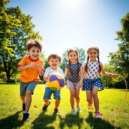 A charming group of four handsome children having fun in a sunny park, laughing and playing together