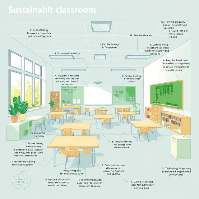 A detailed blueprint of a sustainable classroom designed for inclusivity, featuring elements such as eco-friendly materials, flexible seating arrangements, natural lighting from large windows, a green wall with plants, and accessibility features like wheelchair ramps and adjustable desks