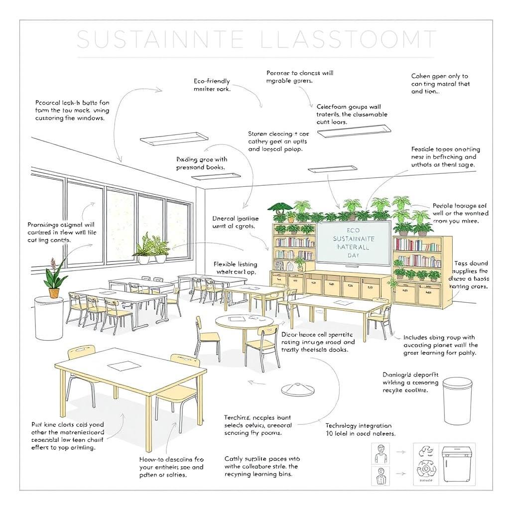 A detailed blueprint of a sustainable classroom designed for inclusivity, featuring elements such as eco-friendly materials, flexible seating arrangements, natural lighting from large windows, a green wall with plants, and accessibility features like wheelchair ramps and adjustable desks