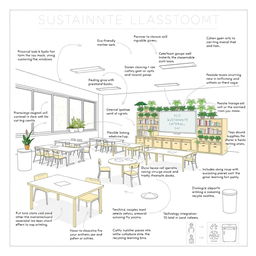 A detailed blueprint of a sustainable classroom designed for inclusivity, featuring elements such as eco-friendly materials, flexible seating arrangements, natural lighting from large windows, a green wall with plants, and accessibility features like wheelchair ramps and adjustable desks