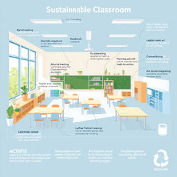 A detailed blueprint of a sustainable classroom designed for inclusivity, featuring elements such as eco-friendly materials, flexible seating arrangements, natural lighting from large windows, a green wall with plants, and accessibility features like wheelchair ramps and adjustable desks