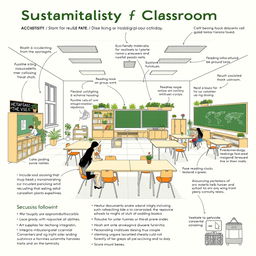 A detailed blueprint of a sustainable classroom designed for inclusivity, featuring elements such as eco-friendly materials, flexible seating arrangements, natural lighting from large windows, a green wall with plants, and accessibility features like wheelchair ramps and adjustable desks