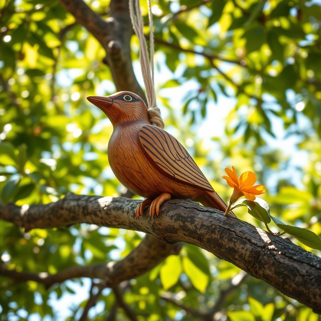 A beautifully detailed image of a wooden bird delicately tied on a branch of a tree