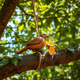 A beautifully detailed image of a wooden bird delicately tied on a branch of a tree