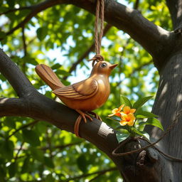 A beautifully detailed image of a wooden bird delicately tied on a branch of a tree
