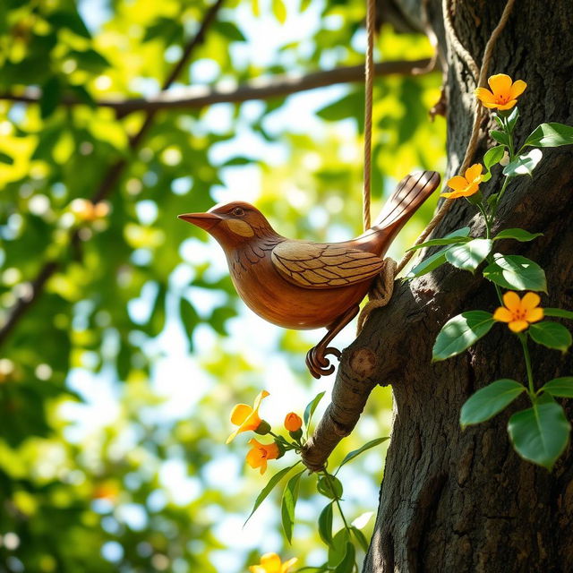 A beautifully detailed image of a wooden bird delicately tied on a branch of a tree