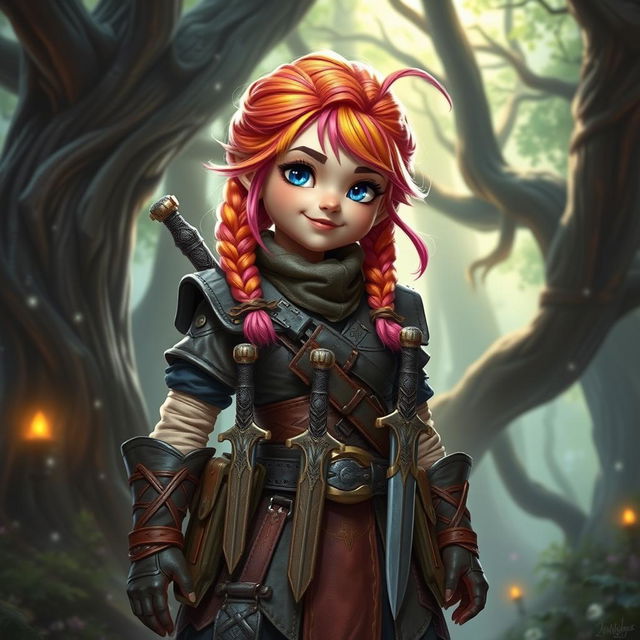 A high fantasy D&D style female gnome rogue, vibrant and whimsical in appearance, with bright colorful hair styled in playful braids