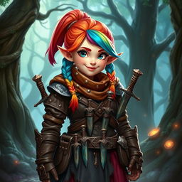 A high fantasy D&D style female gnome rogue, vibrant and whimsical in appearance, with bright colorful hair styled in playful braids