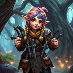 A high fantasy D&D style female gnome rogue, vibrant and whimsical in appearance, with bright colorful hair styled in playful braids