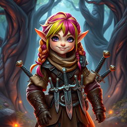 A high fantasy D&D style female gnome rogue, vibrant and whimsical in appearance, with bright colorful hair styled in playful braids