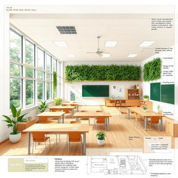 A detailed blueprint for a sustainable classroom designed with eco-friendly materials, featuring large windows for natural light, a living green wall, solar panels on the roof, energy-efficient lighting, rainwater collection systems, and ergonomic, recyclable furniture