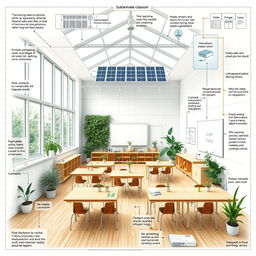 A detailed blueprint for a sustainable classroom designed with eco-friendly materials, featuring large windows for natural light, a living green wall, solar panels on the roof, energy-efficient lighting, rainwater collection systems, and ergonomic, recyclable furniture