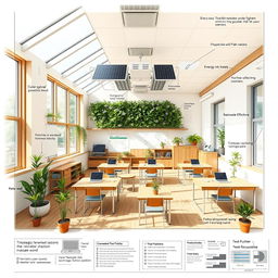 A detailed blueprint for a sustainable classroom designed with eco-friendly materials, featuring large windows for natural light, a living green wall, solar panels on the roof, energy-efficient lighting, rainwater collection systems, and ergonomic, recyclable furniture