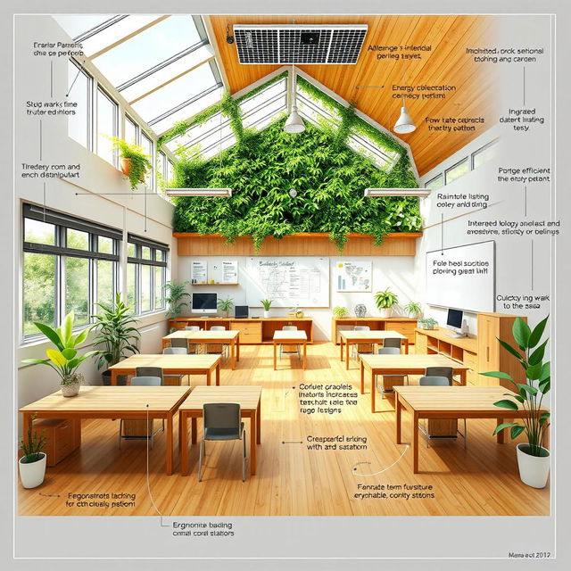 A detailed blueprint for a sustainable classroom designed with eco-friendly materials, featuring large windows for natural light, a living green wall, solar panels on the roof, energy-efficient lighting, rainwater collection systems, and ergonomic, recyclable furniture