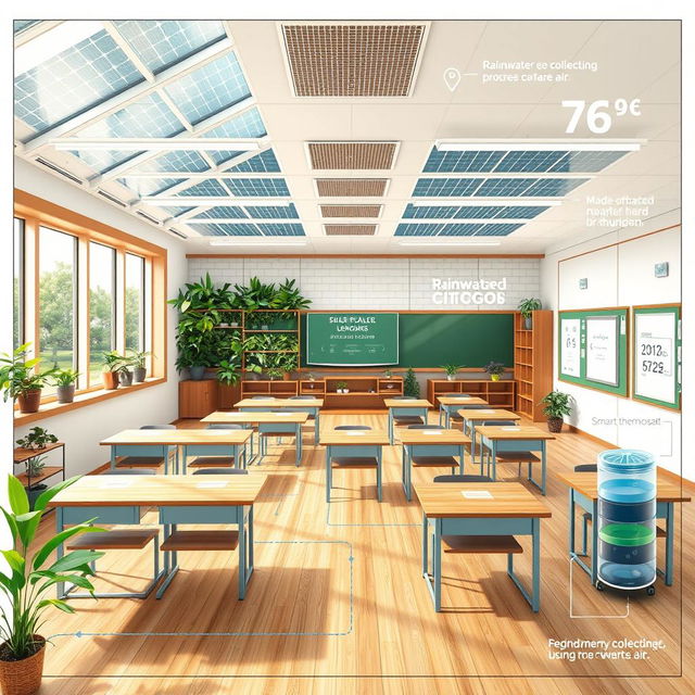 A detailed blueprint for a sustainable classroom, showcasing an eco-friendly design