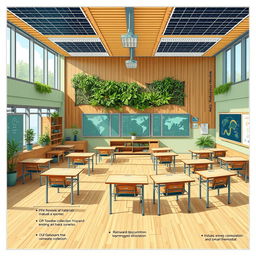 A detailed blueprint for a sustainable classroom, showcasing an eco-friendly design